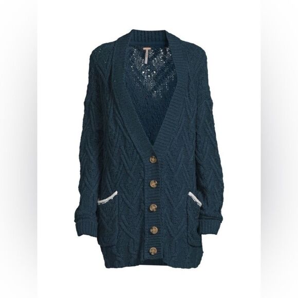 NWT- Free People Montana Cable Cardigan Sweater in Varsity Navy, Size M - Picture 2 of 7